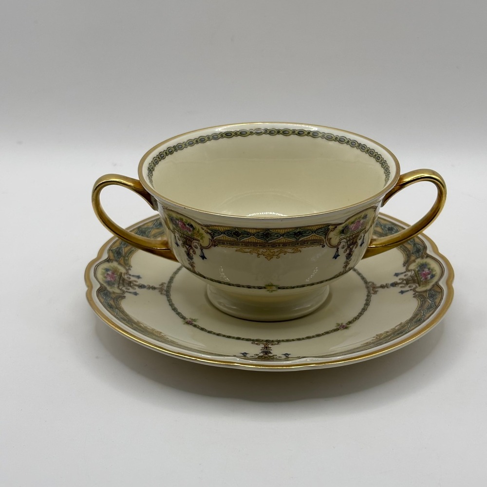 Vtg Black Knight Selb Bavaria Cream Soup Bowl and Saucer Set Floral Gold Gilt 30